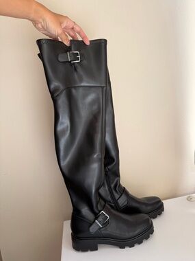 Tall Black Buckle Thigh High Boots